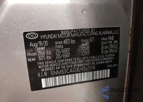 2020 Hyundai Santa Fe Sel z USA, uszkodzony, nr VIN 5NMS3CAD3LH267818